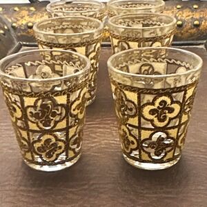 Vtg Culver Sallye 22 Kt Gold Shot Glasses Clover Quatrefoil MCM Barware Set of 6